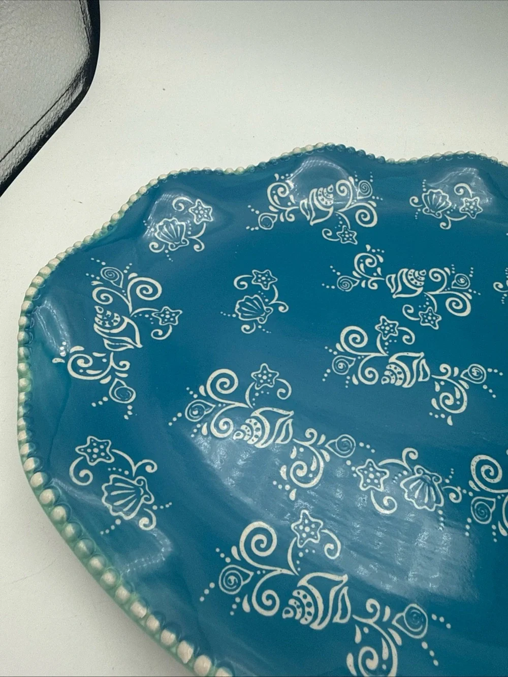 Temptations Blue Floral Lace Scalloped Edged serving platter  Tray 14x10”